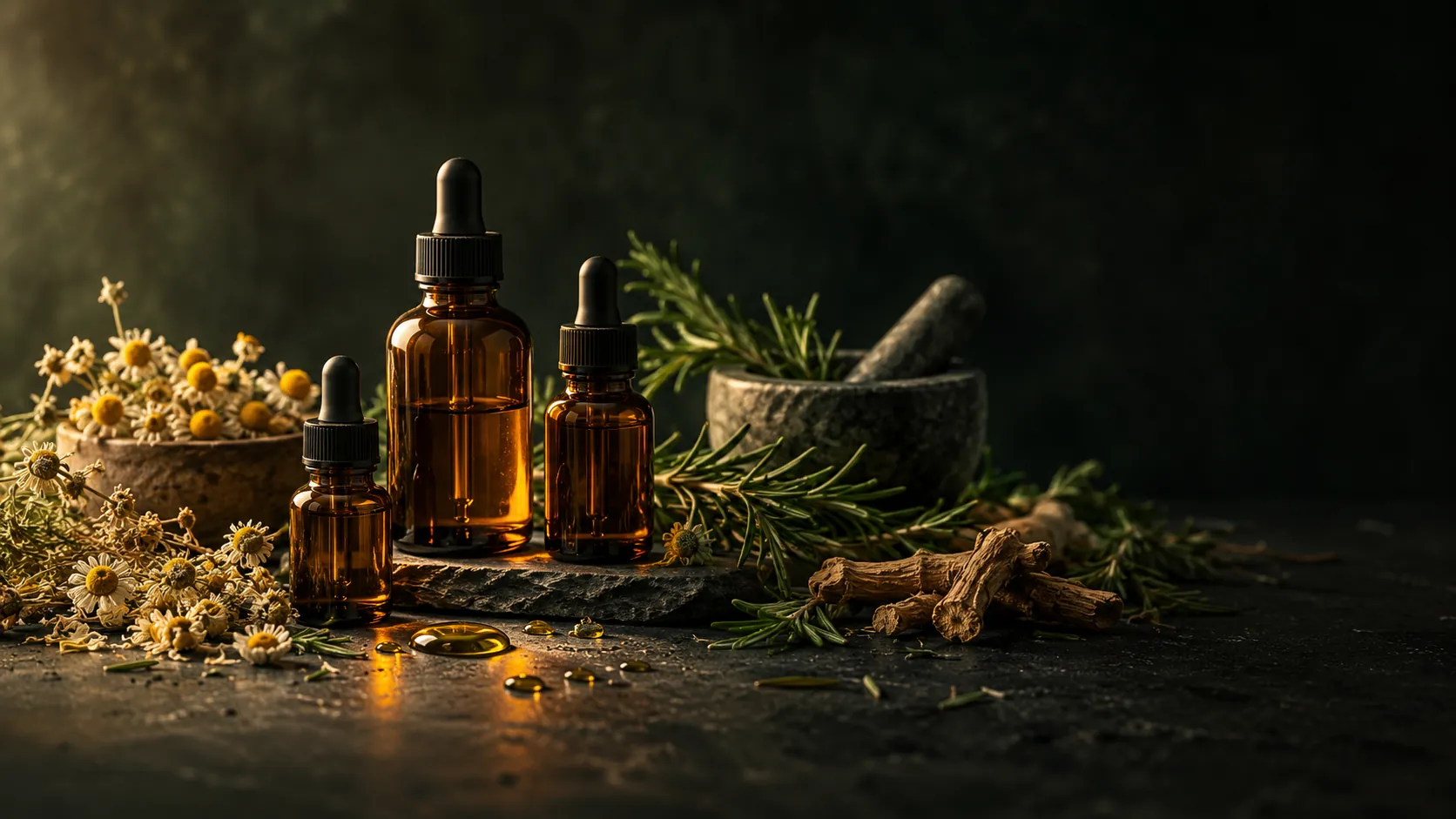 Hemp and botanical extract dropper bottles with dried herbs