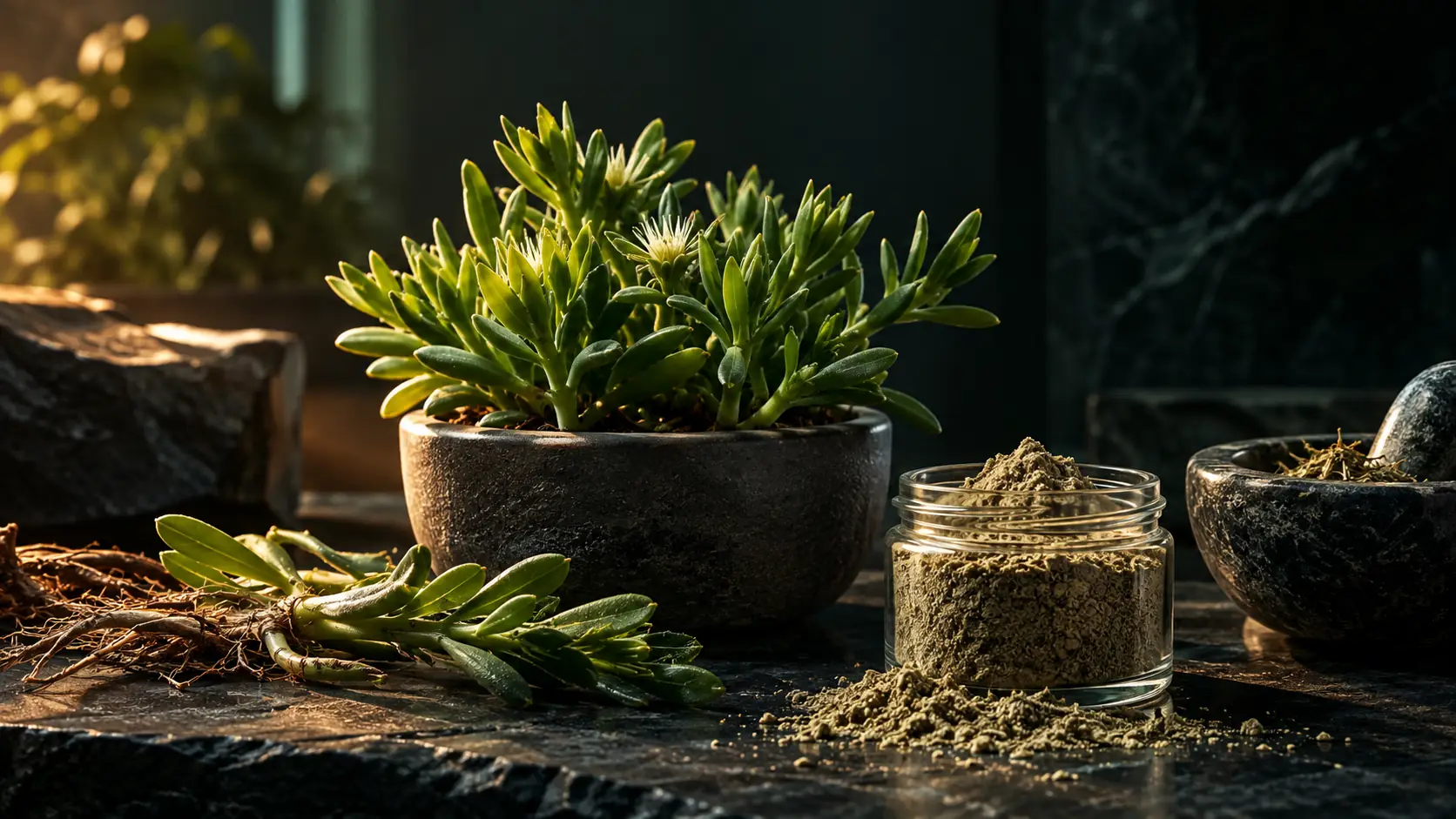 Kanna (Sceletium tortuosum) plant and ground kanna powder
