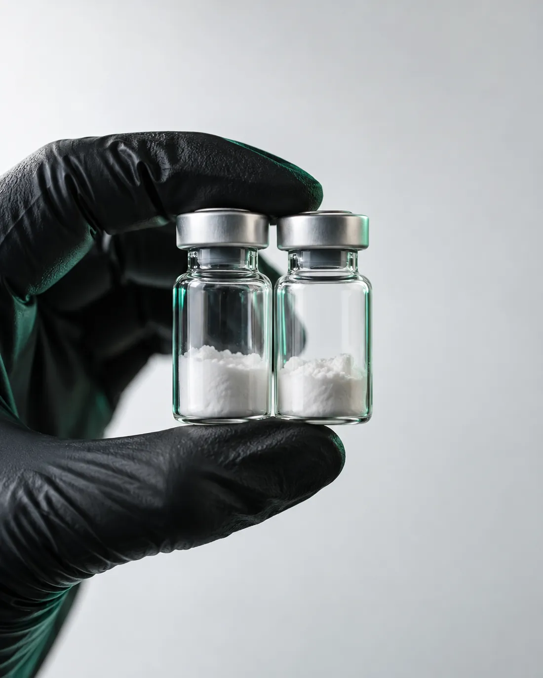 Gloved hand holding two unlabeled research peptide vials